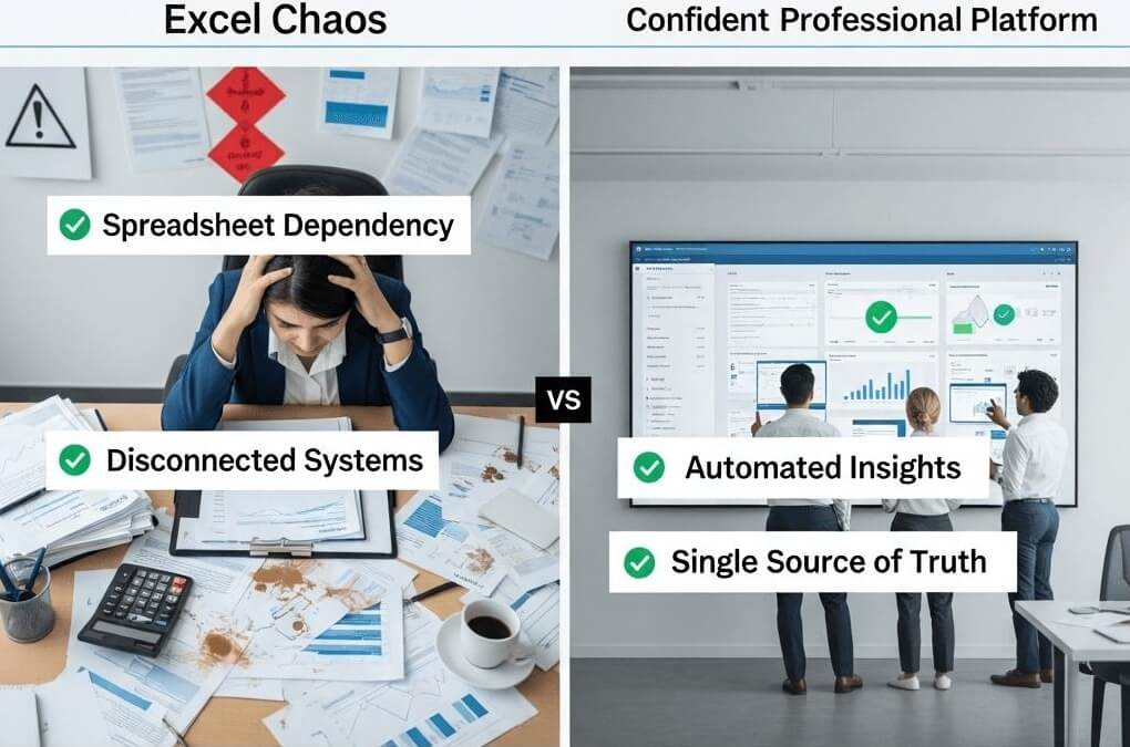 Spreadsheet Chaos vs Confident Professional Platform - Excel Dependency vs Automated Insights